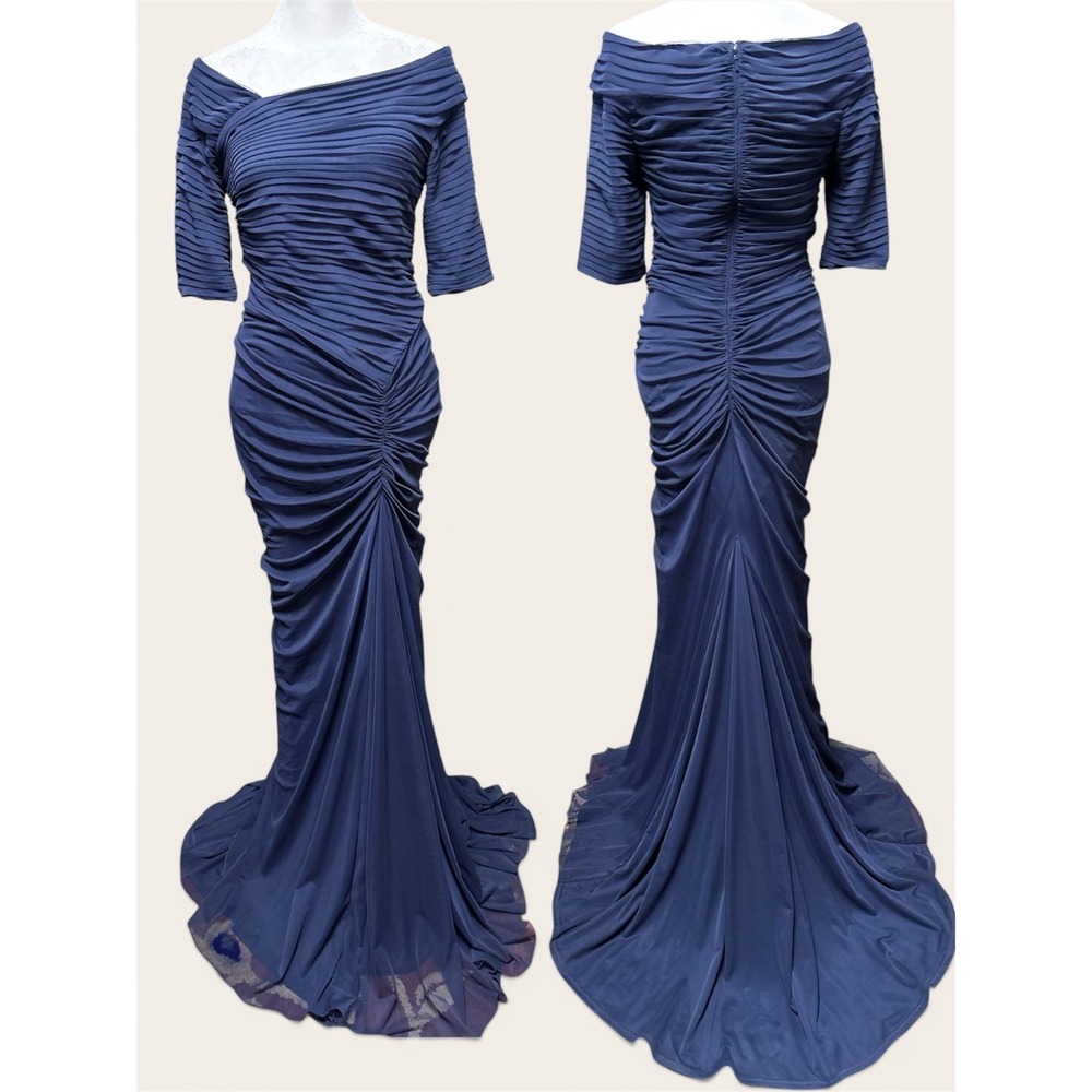 Tadashi Shoji Gown S Blue Ruched Draped Off Shoulder Mother Bride Formal Evening